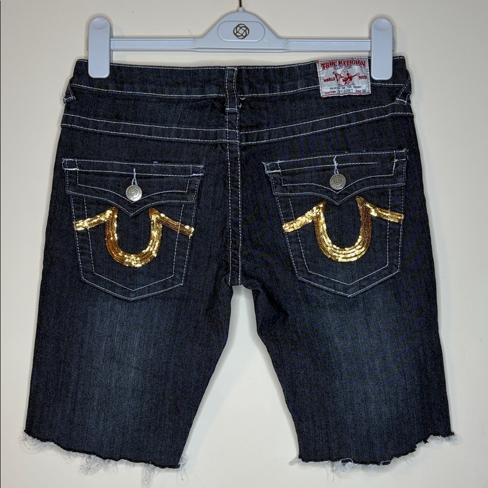 True Religion Joey Cut Off Blue Denim Shorts with Gold Accents Size 30